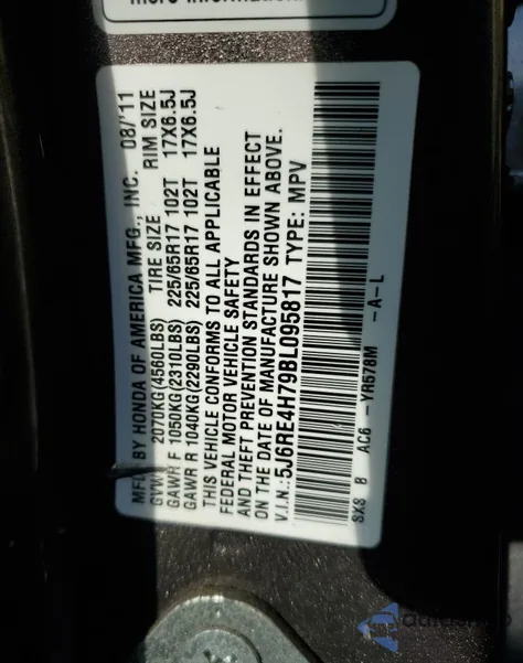 2011 Honda Cr-V Exl from USA, damaged, VIN 5J6RE4H79BL095817